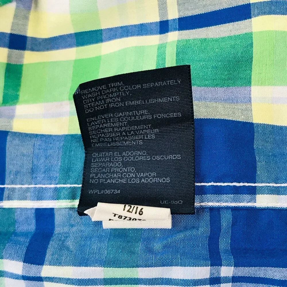 Tommy Hilfiger Boys 18 Dress Shirt Blue Green Plaid Long Sleeve Button Up BV4